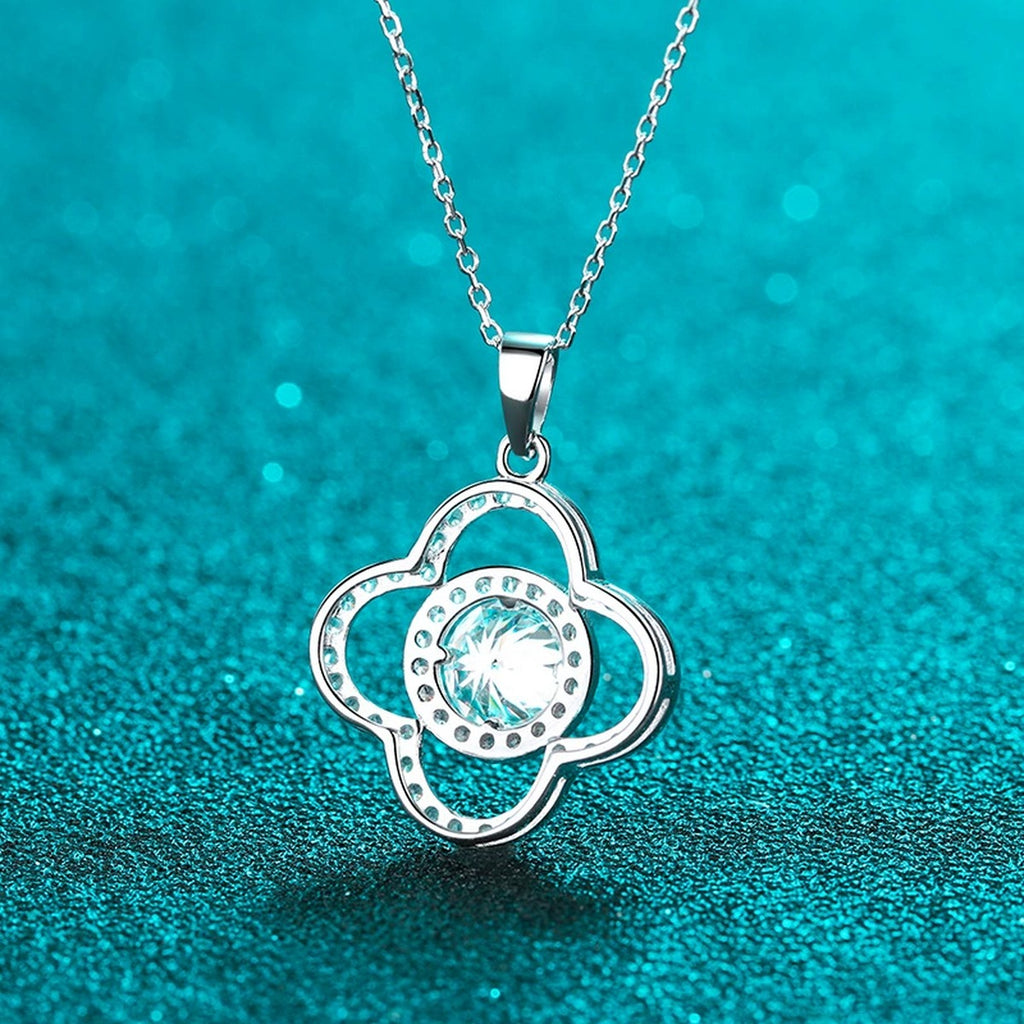 Clover Moissanite Pendant Necklace with CZ in Rhodium-Plated S925 sterling silver product scene view showing angled sparkle