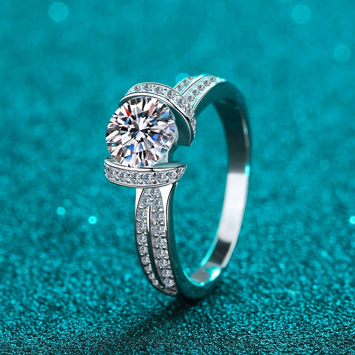 Round Halo Moissanite Ring with CZ in Rhodium-Plated S925 Sterling Silver blue display product photo showing the moissanite setting and band profile