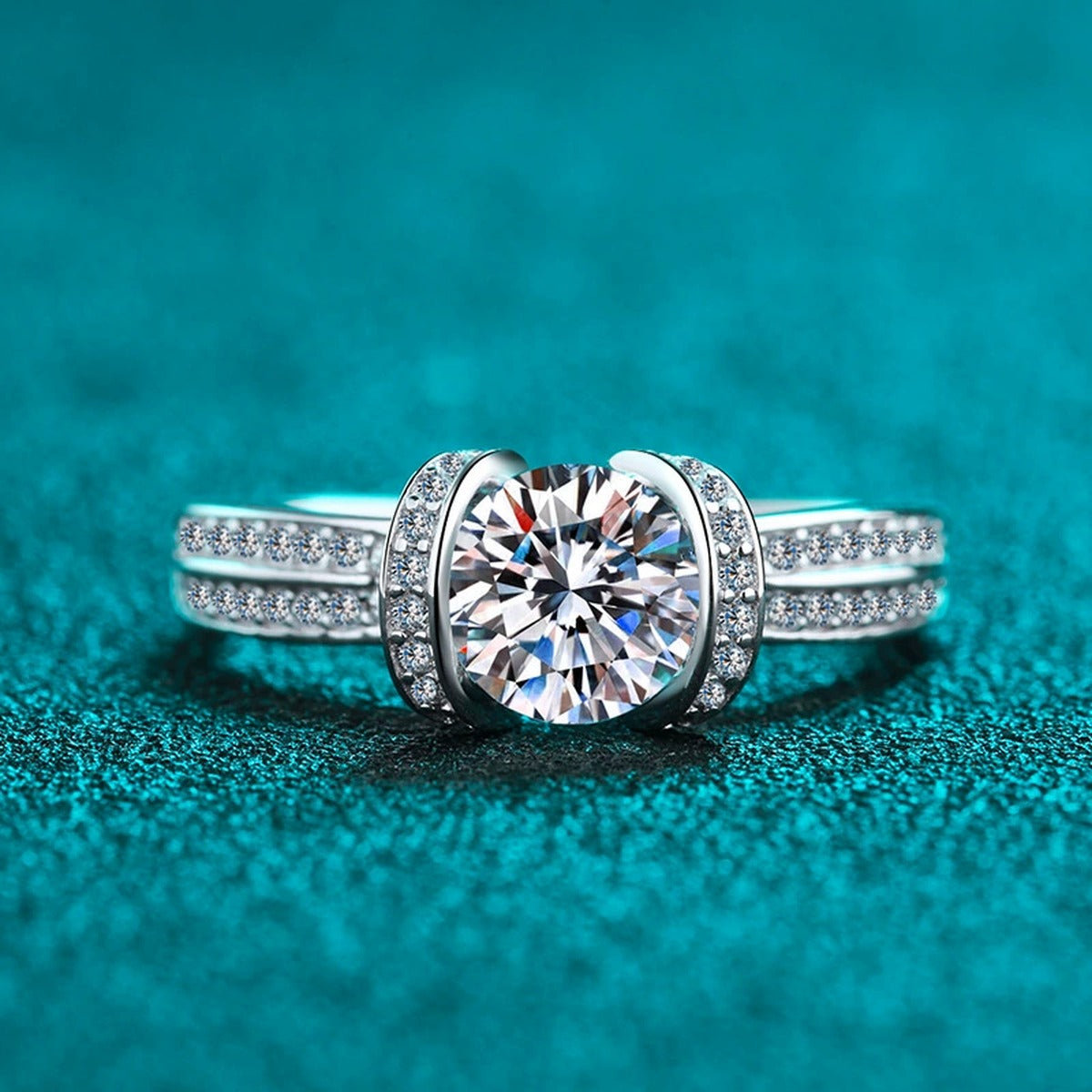 Round Halo Moissanite Ring with CZ in Rhodium-Plated S925 Sterling Silver blue display product photo showing the moissanite setting and band profile