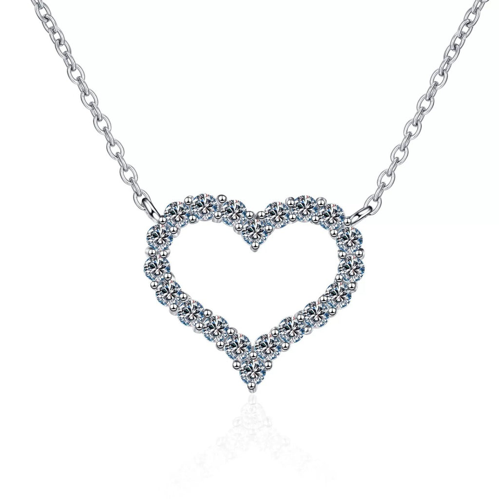 Heart Pave Moissanite Pendant Necklace in Rhodium-Plated S925 sterling silver on white background showing pendant shape and round moissanite