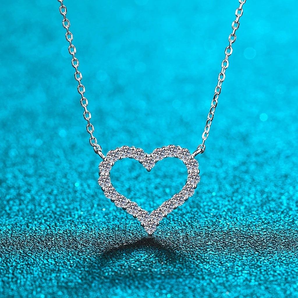 Heart Pave Moissanite Pendant Necklace in Rhodium-Plated S925 sterling silver product scene view showing pendant detail