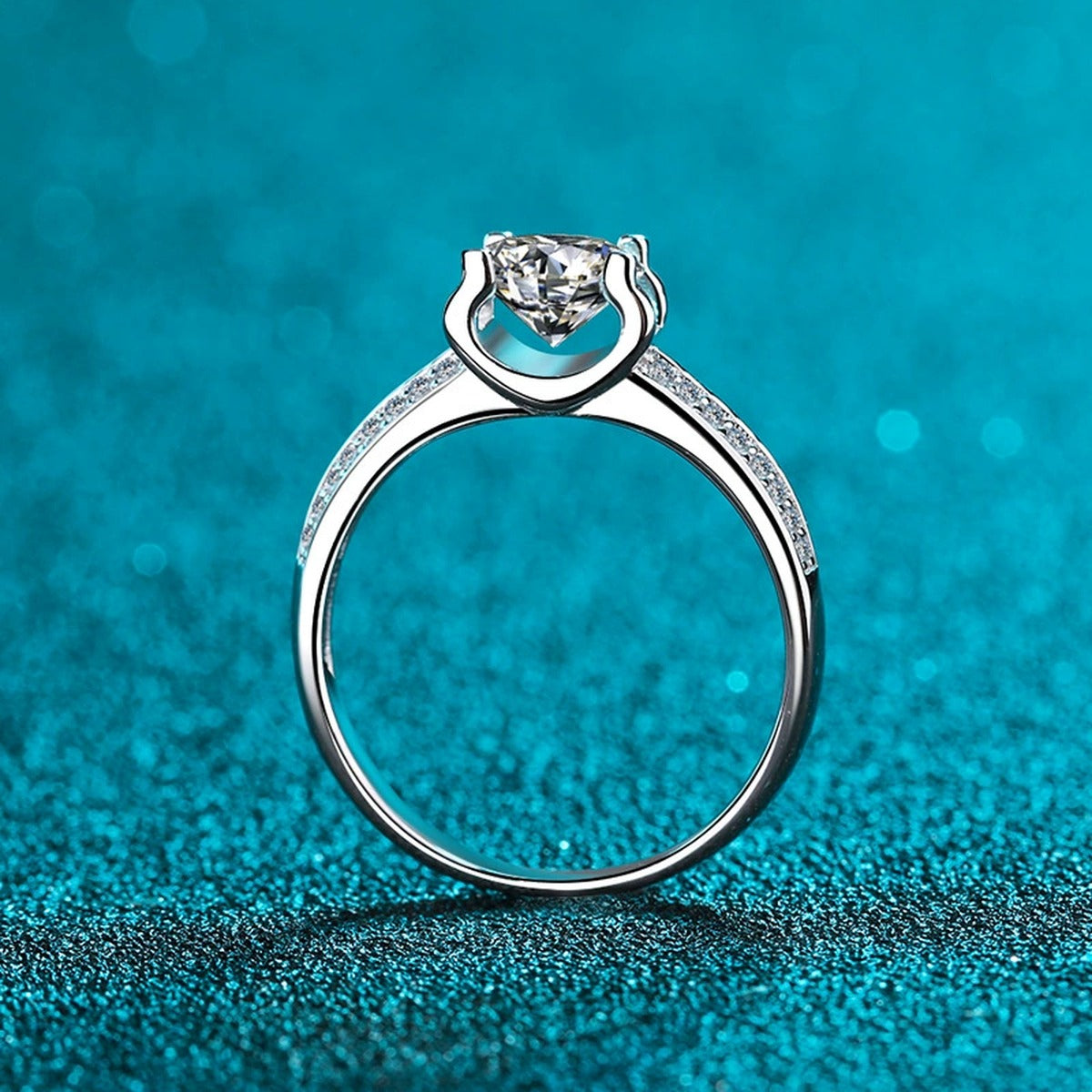 Round Moissanite Side Stone Engagement Ring with CZ product view showing moissanite setting and metal finish