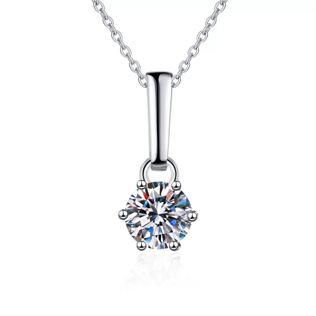 Solitaire Moissanite Pendant Necklace in Rhodium-Plated S925 sterling silver on white background showing pendant shape and round moissanite
