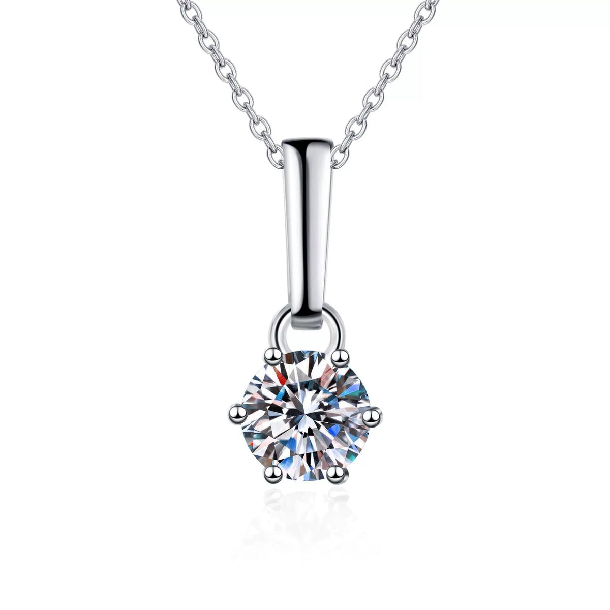 Solitaire Moissanite Pendant Necklace in Rhodium-Plated S925 sterling silver on white background showing pendant shape and round moissanite