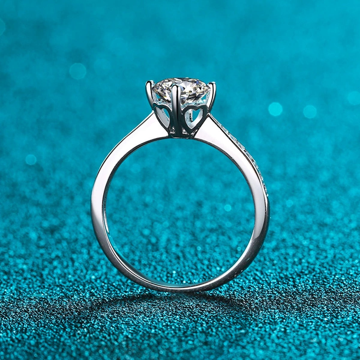 Round Moissanite Side Stone Engagement Ring with CZ product view showing moissanite setting and metal finish