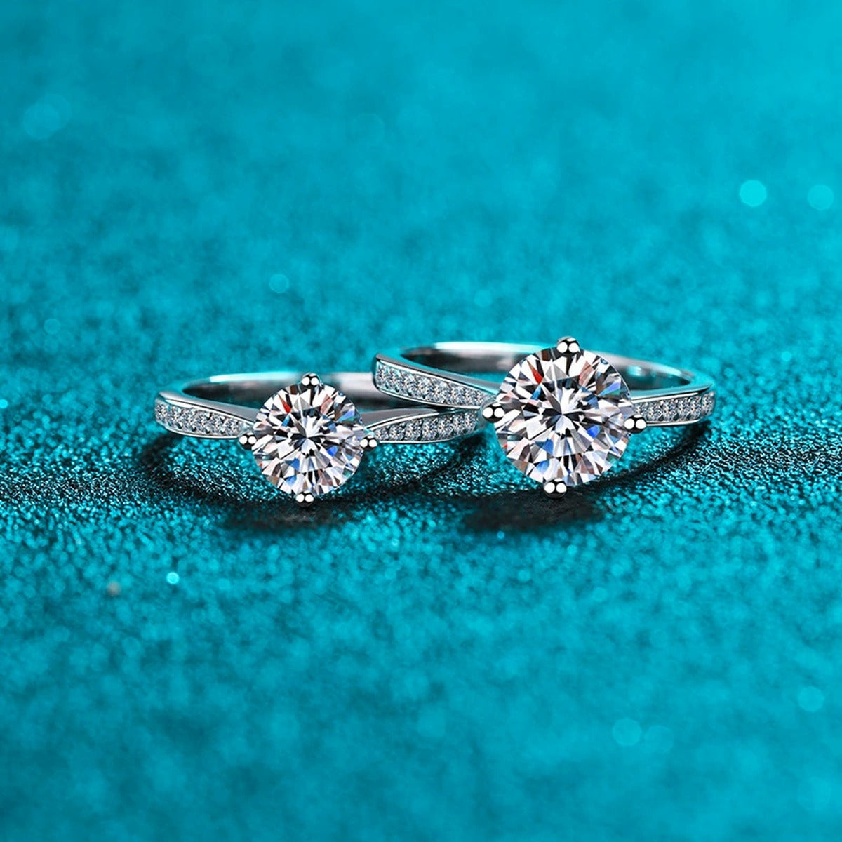 Round Moissanite Side Stone Engagement Ring with CZ product view showing moissanite setting and metal finish