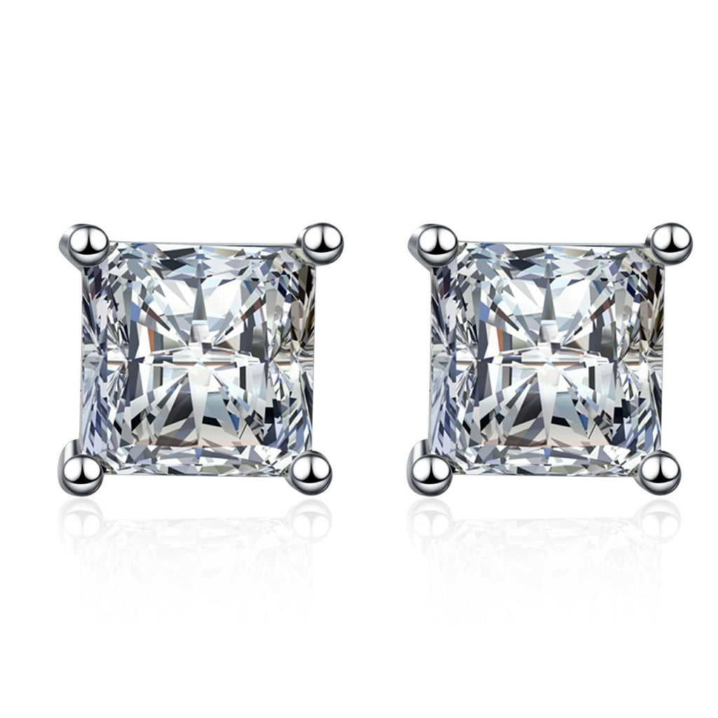 Princess Cut Moissanite Stud Earrings in Rhodium-Plated S925 sterling silver white background product photo showing the pair, stone shape, and stud earrings silhouette