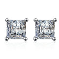 Princess Cut Moissanite Stud Earrings in Rhodium-Plated S925 sterling silver white background product photo showing the pair, stone shape, and stud earrings silhouette