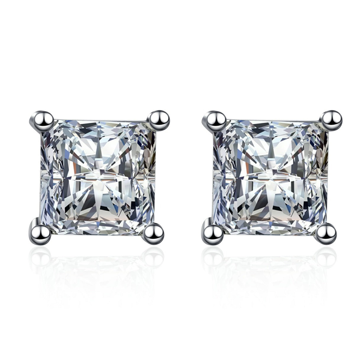 Princess Cut Moissanite Stud Earrings in Rhodium-Plated S925 sterling silver white background product photo showing the pair, stone shape, and stud earrings silhouette