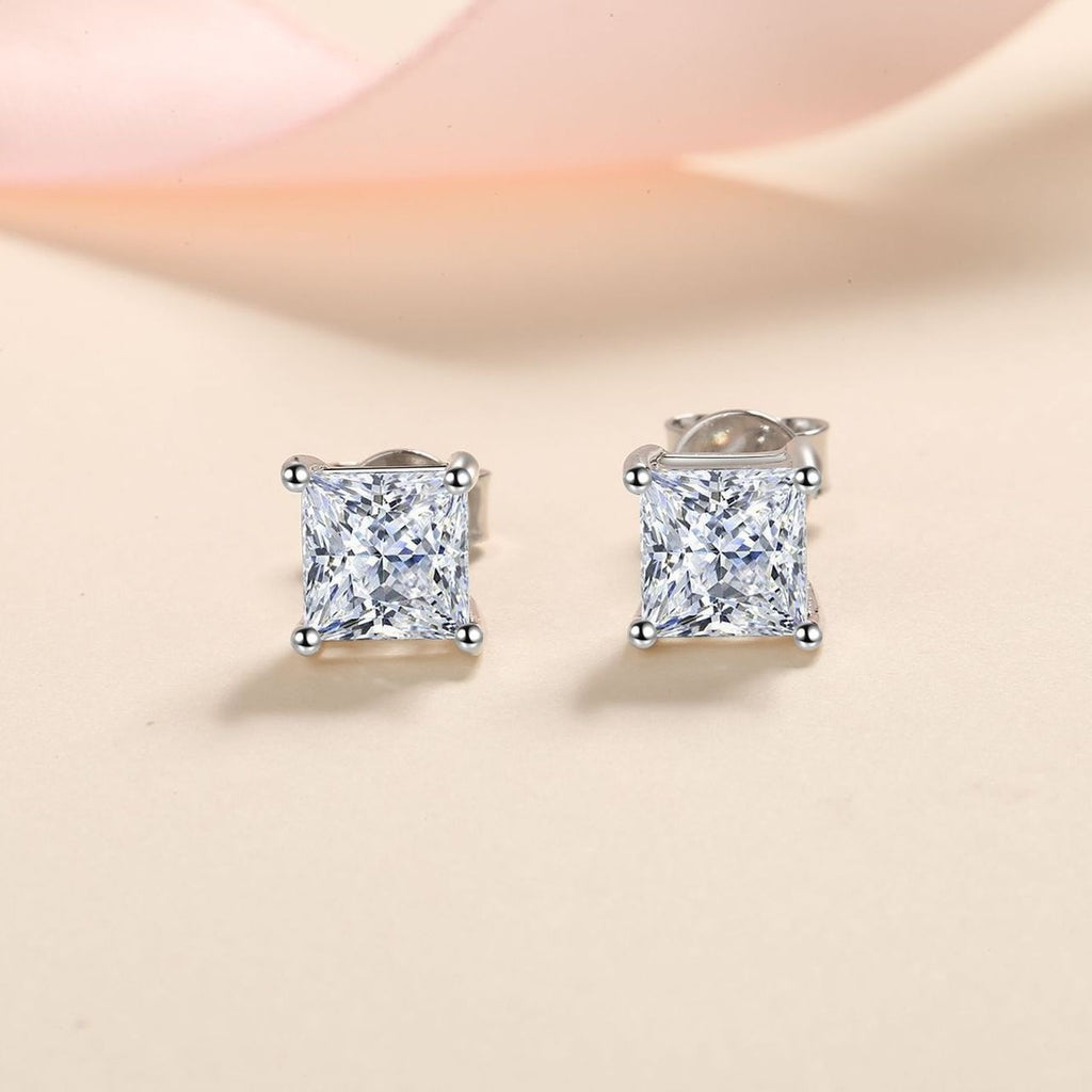 Princess Cut Moissanite Stud Earrings in Rhodium-Plated S925 sterling silver product scene view showing front sparkle