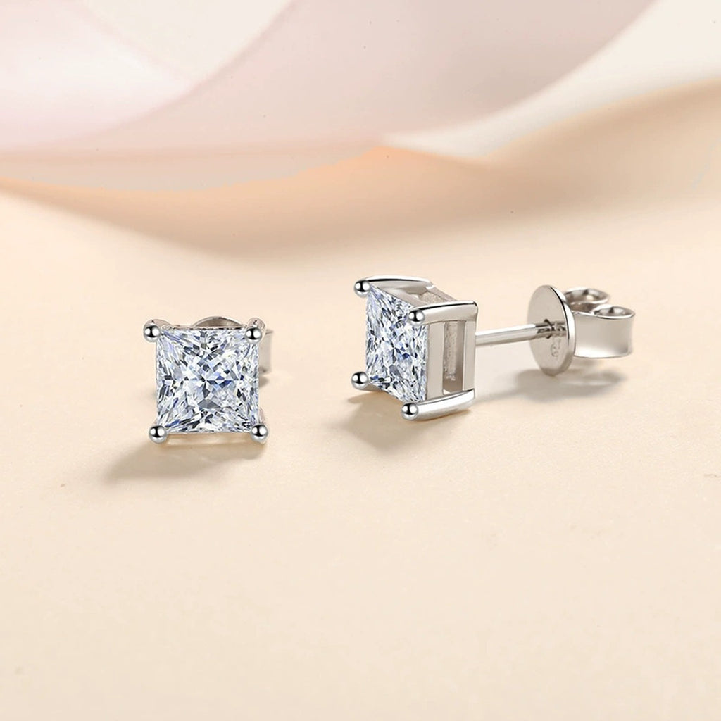 Princess Cut Moissanite Stud Earrings in Rhodium-Plated S925 sterling silver product scene view showing angled setting detail