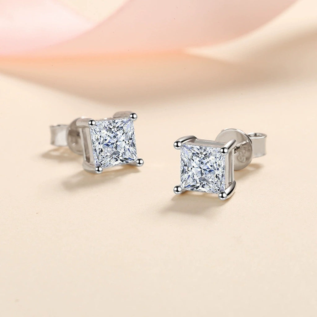 Princess Cut Moissanite Stud Earrings in Rhodium-Plated S925 sterling silver product scene view showing side profile
