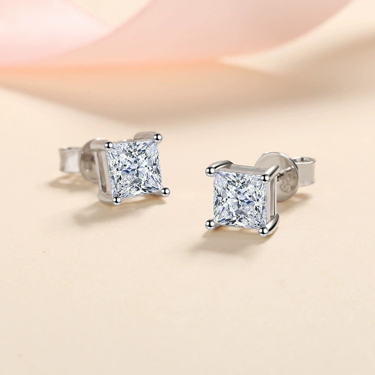 Princess Cut Moissanite Stud Earrings in Rhodium-Plated S925 sterling silver product scene view showing side profile