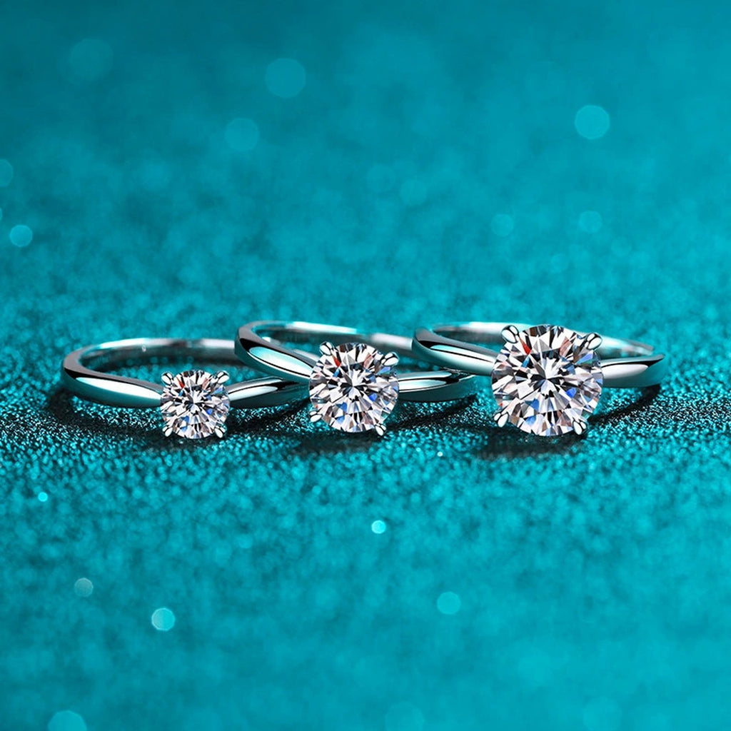 Round Moissanite Solitaire Ring in Rhodium-Plated S925 Sterling Silver blue display product photo showing the moissanite setting and band profile