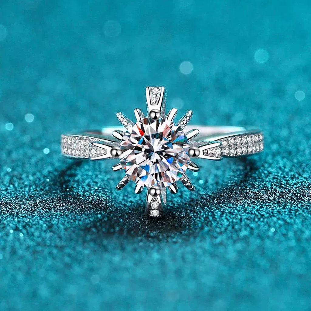 Round Floral Halo Moissanite Ring with CZ product view showing moissanite setting and metal finish