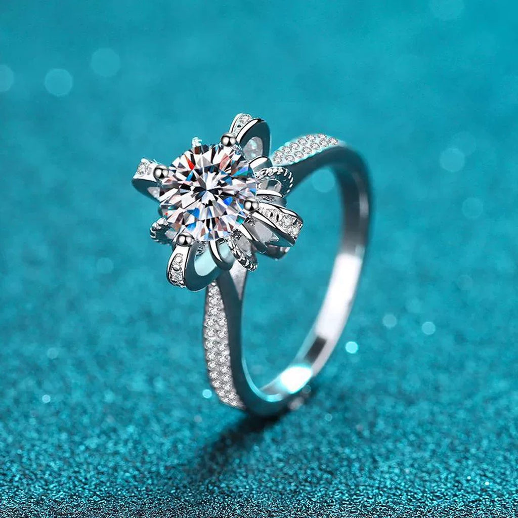 Round Floral Halo Moissanite Ring with CZ product view showing moissanite setting and metal finish