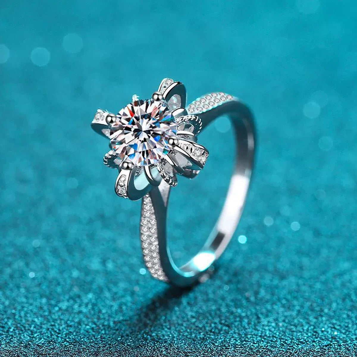 Round Floral Halo Moissanite Ring with CZ product view showing moissanite setting and metal finish