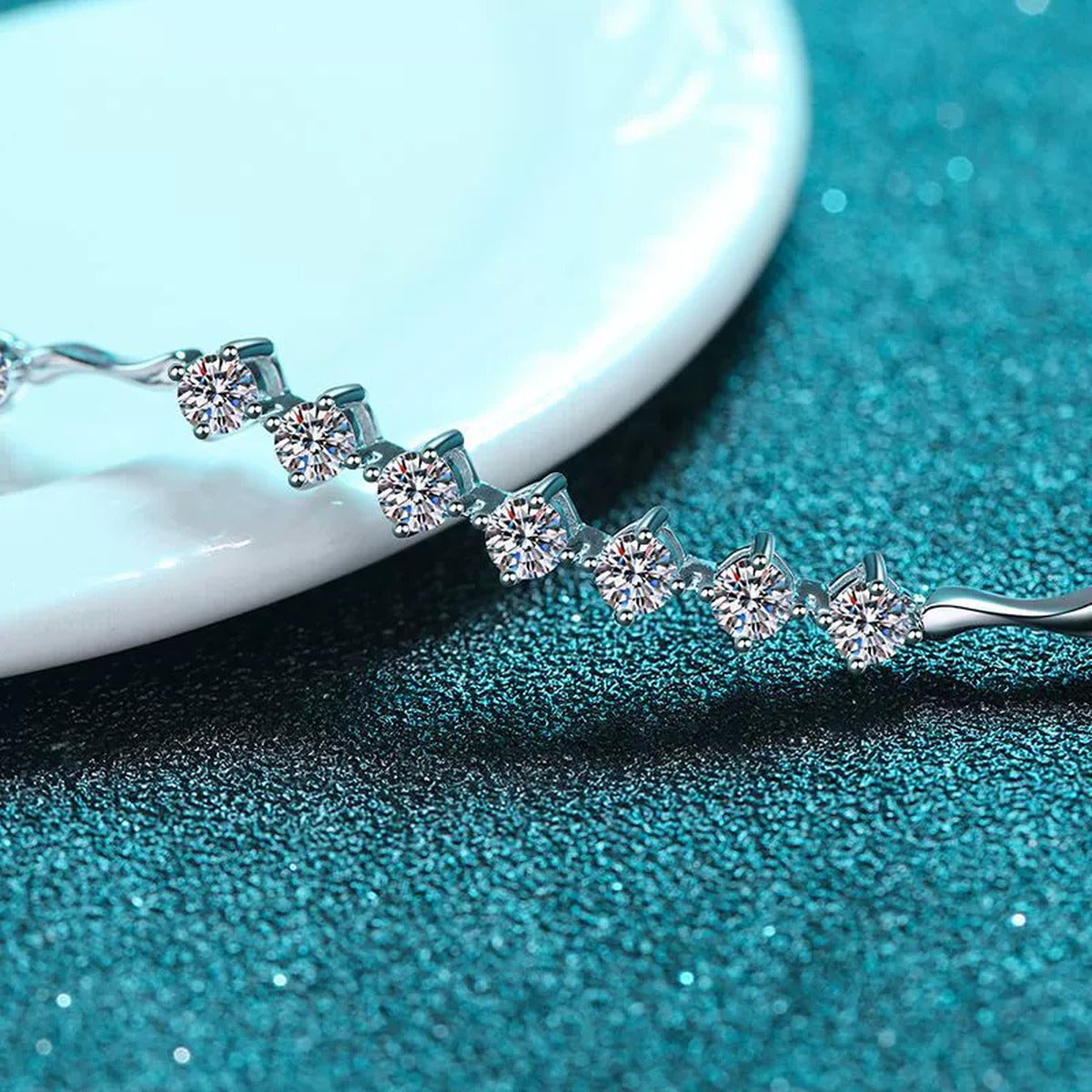 Mini Tennis Moissanite Adjustable Bracelet in Rhodium-Plated S925 sterling silver angled product display showing bracelet silhouette