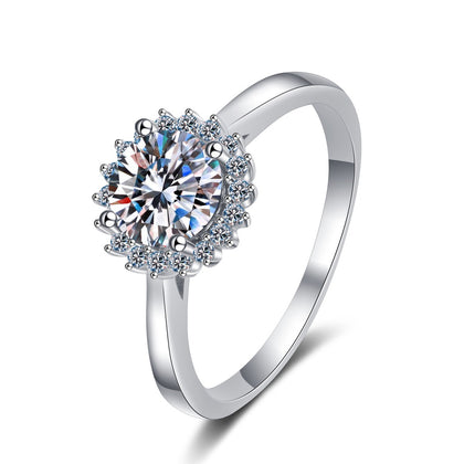 Round Halo Moissanite Engagement Ring with CZ in rhodium-plated S925 sterling silver on clean white background