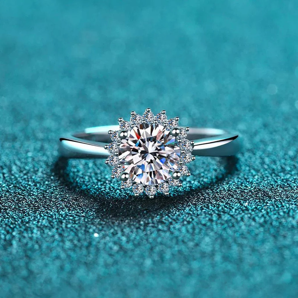 Round Halo Moissanite Engagement Ring with CZ product view showing moissanite setting and metal finish