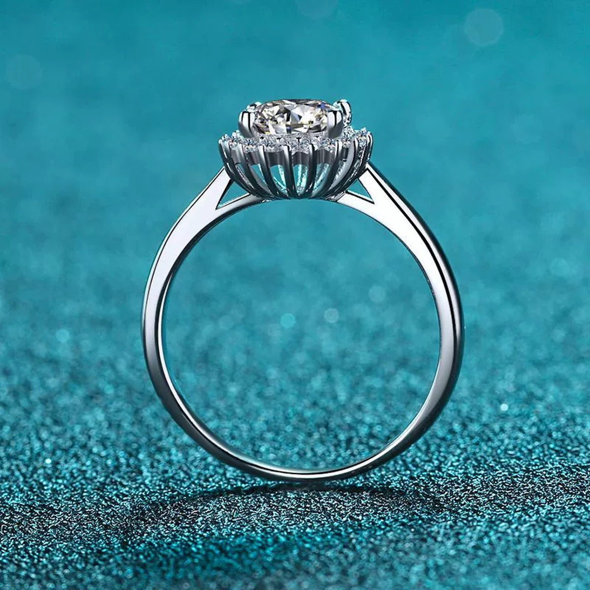 Round Halo Moissanite Engagement Ring with CZ product view showing moissanite setting and metal finish
