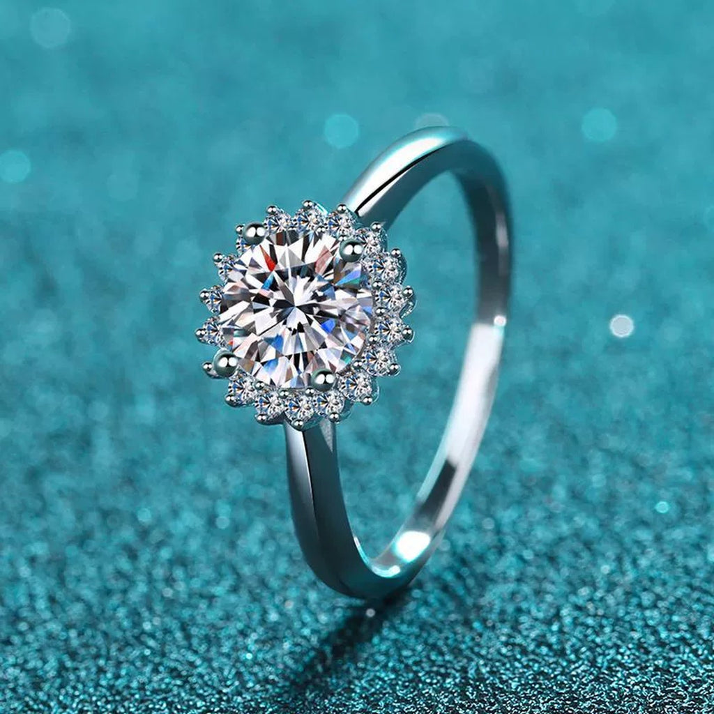 Round Halo Moissanite Engagement Ring with CZ product view showing moissanite setting and metal finish