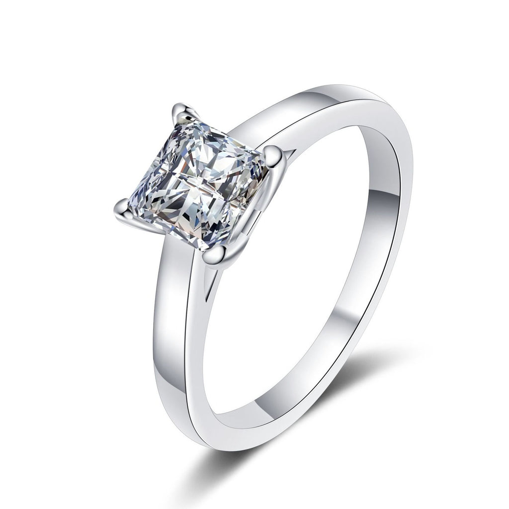 Princess Cut Moissanite Ring in Rhodium-Plated S925 Sterling Silver clean white background product photo showing the ring silhouette and moissanite setting