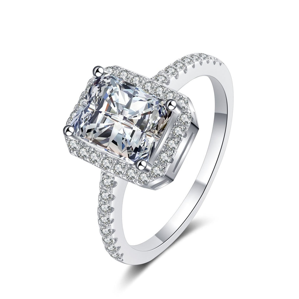 Radiant and Emerald Cut Moissanite Ring with CZ in Rhodium-Plated S925 Sterling Silver clean white background product photo showing the ring silhouette and moissanite setting