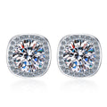 Cushion Halo Moissanite Stud Earrings with CZ in Rhodium-Plated S925 sterling silver white background product photo showing the pair, stone shape, and stud earrings silhouette