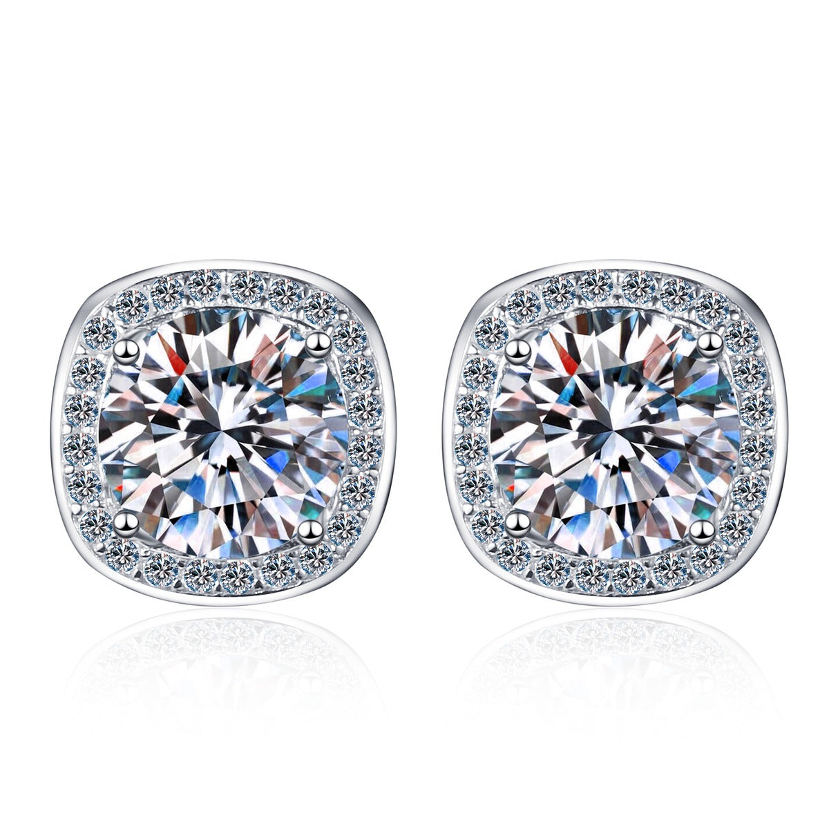 Cushion Halo Moissanite Stud Earrings with CZ in Rhodium-Plated S925 sterling silver white background product photo showing the pair, stone shape, and stud earrings silhouette