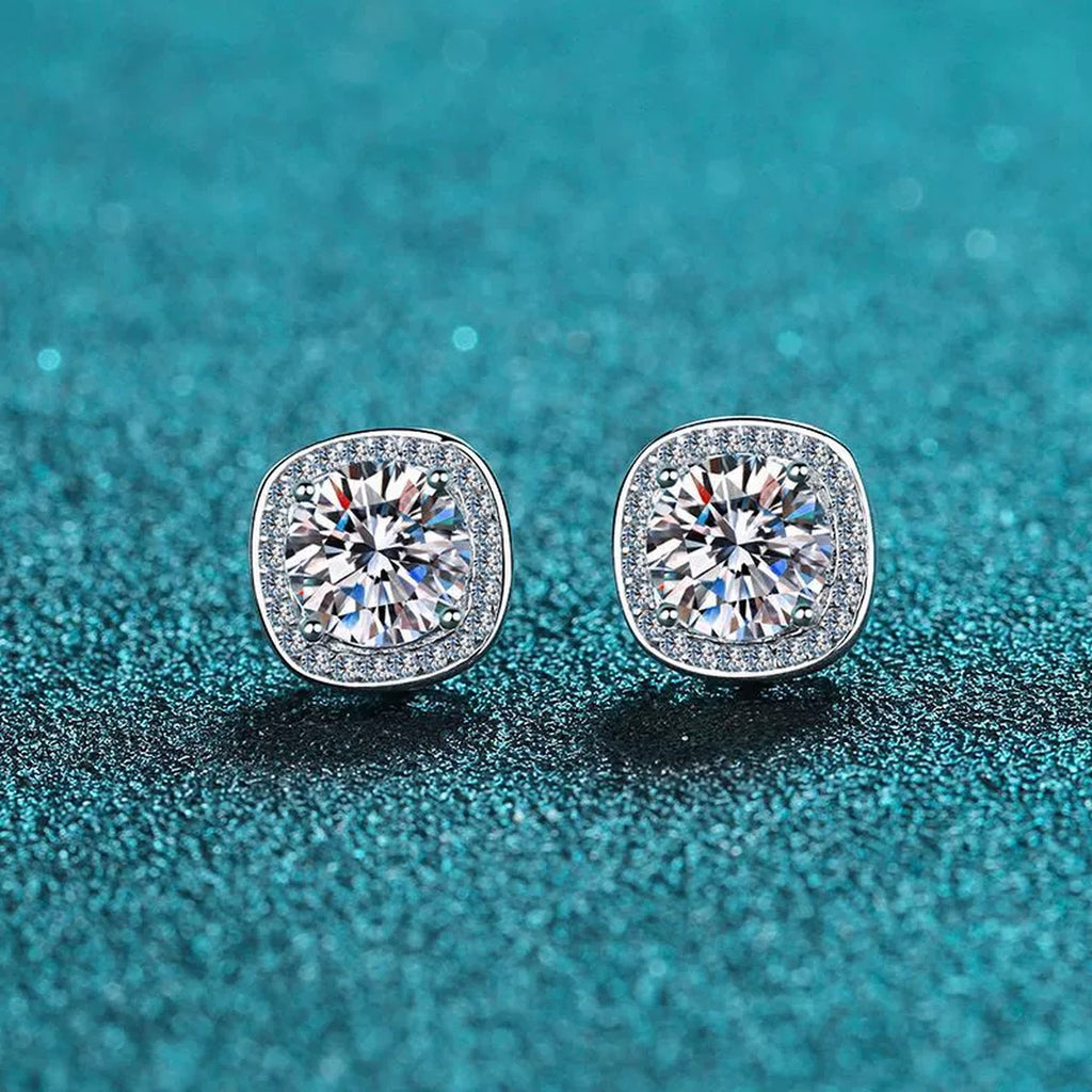 Cushion Halo Moissanite Stud Earrings with CZ in Rhodium-Plated S925 sterling silver product scene view showing front sparkle