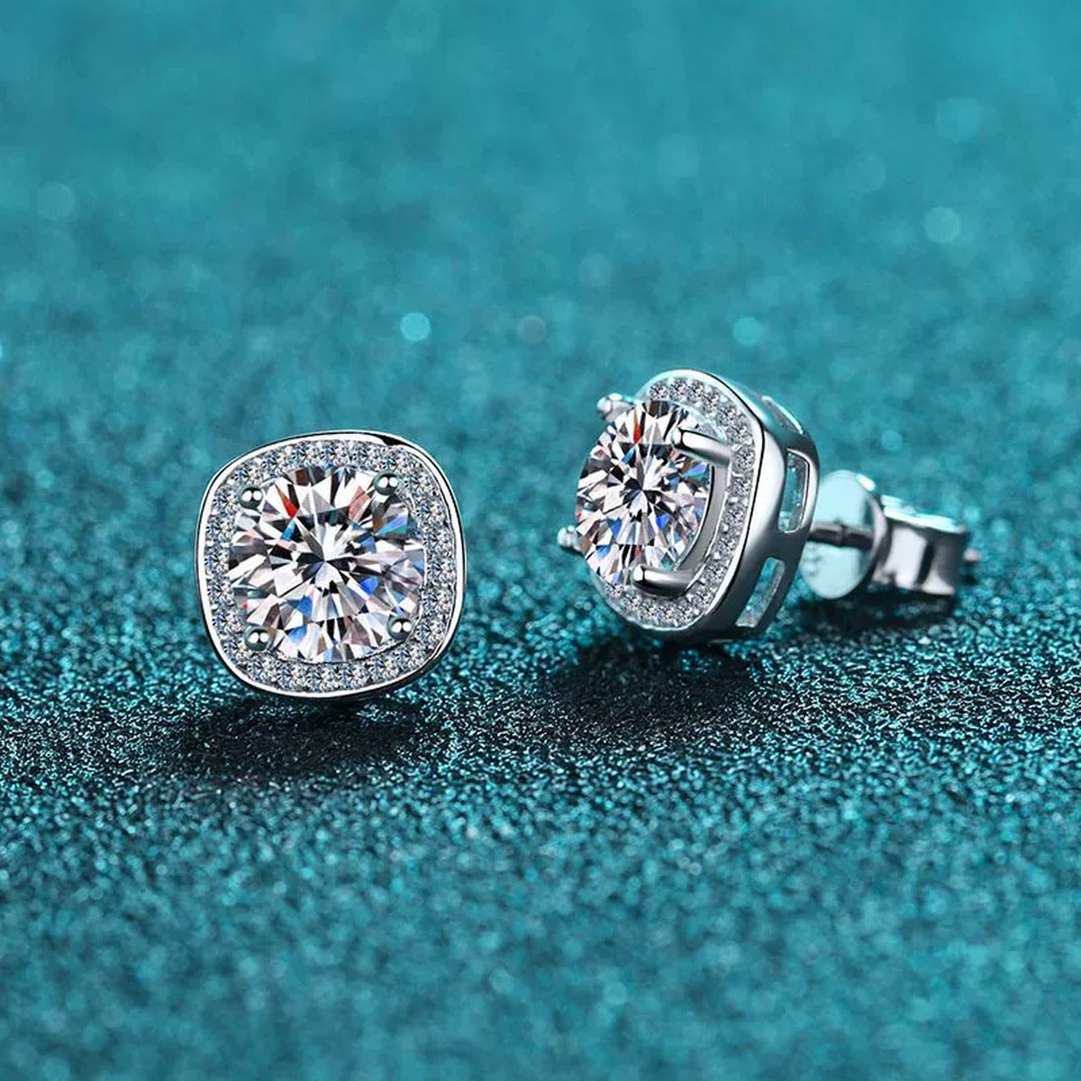 Cushion Halo Moissanite Stud Earrings with CZ in Rhodium-Plated S925 sterling silver product scene view showing angled setting detail