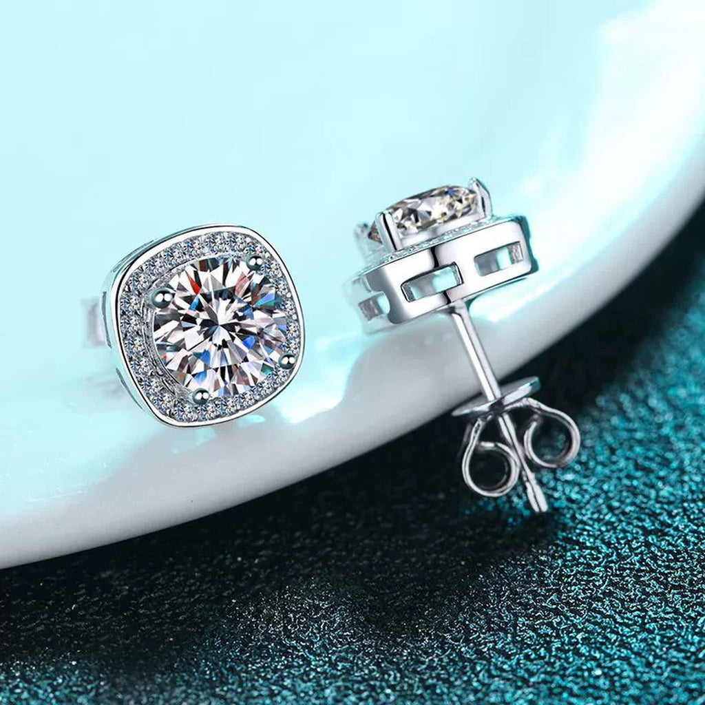 Cushion Halo Moissanite Stud Earrings with CZ in Rhodium-Plated S925 sterling silver product scene view showing side profile