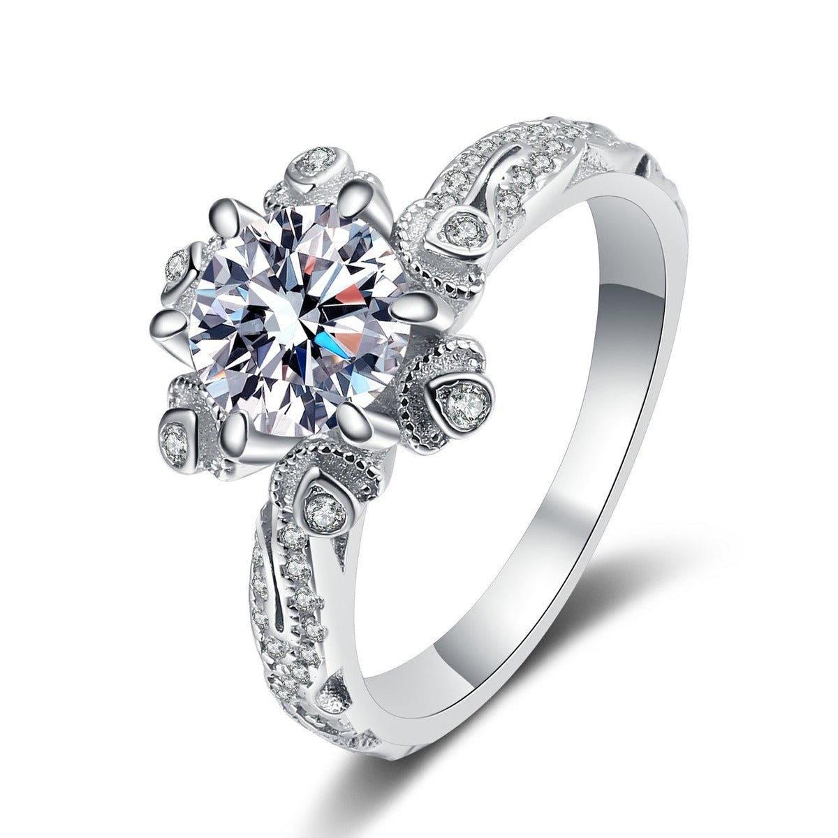 Round Floral Moissanite Engagement Ring with CZ in rhodium-plated S925 sterling silver on clean white background