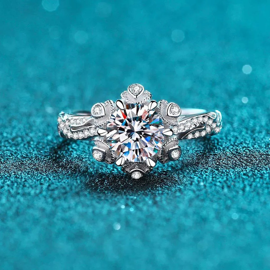 Round Floral Moissanite Engagement Ring with CZ product view showing moissanite setting and metal finish