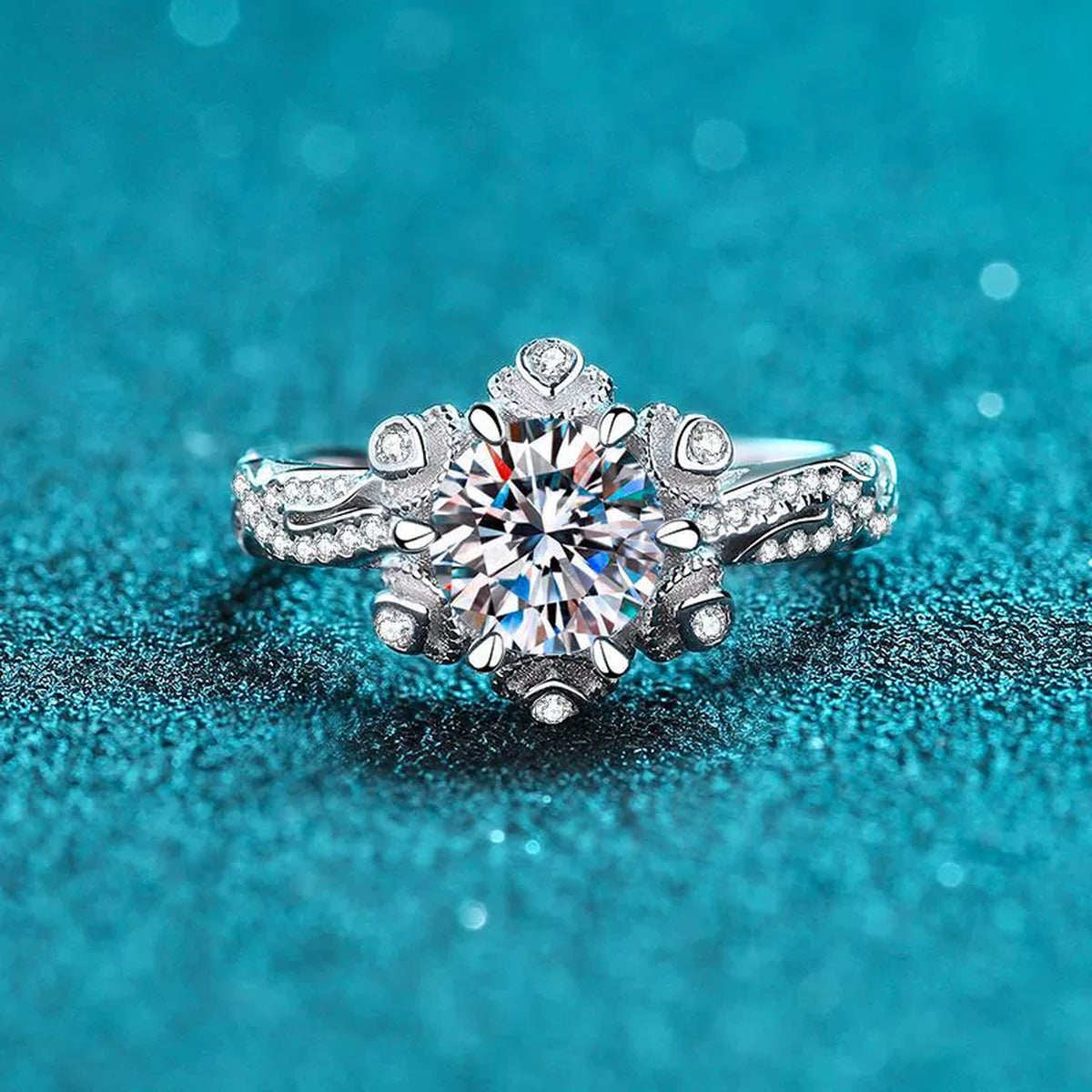 Round Floral Moissanite Engagement Ring with CZ product view showing moissanite setting and metal finish