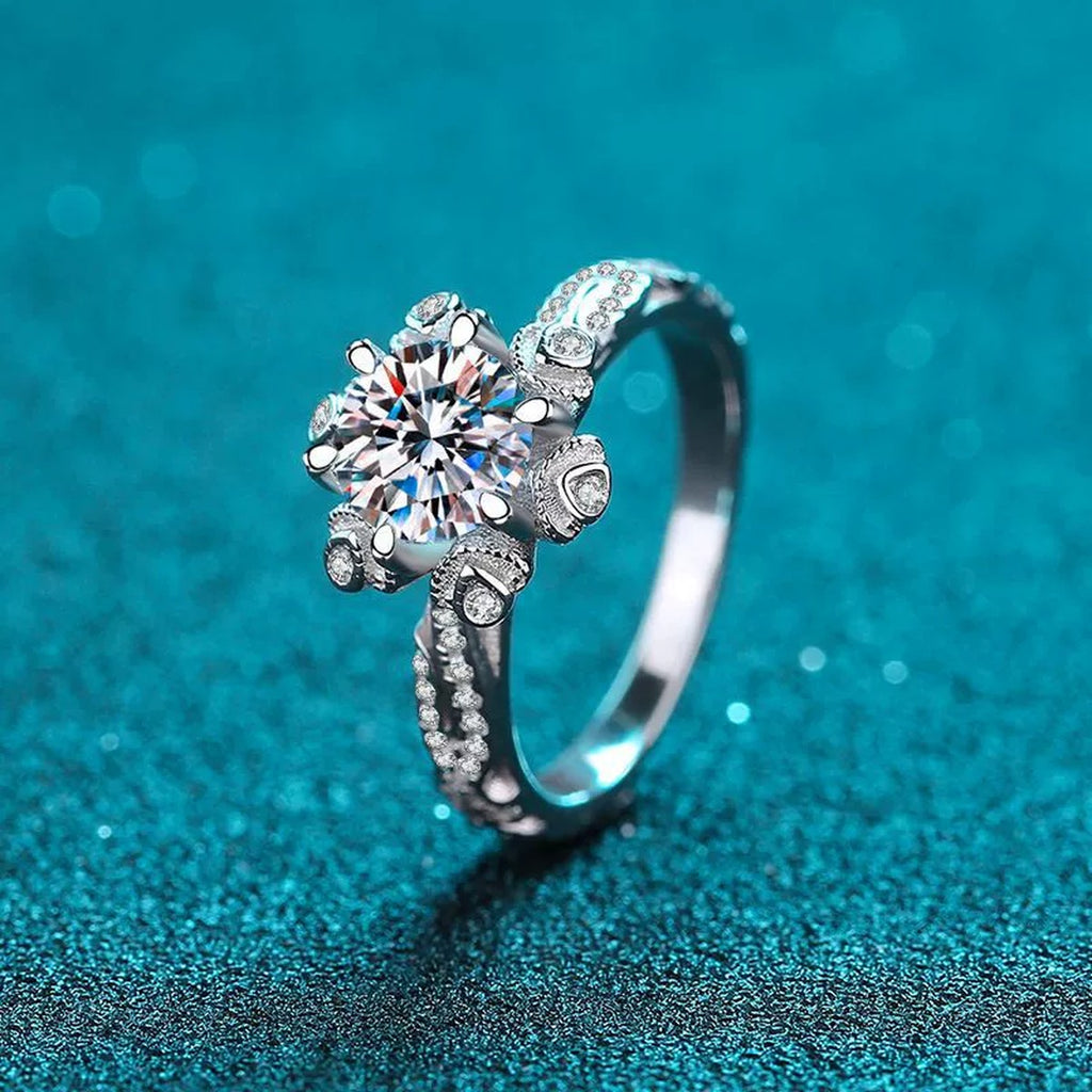 Round Floral Moissanite Engagement Ring with CZ product view showing moissanite setting and metal finish