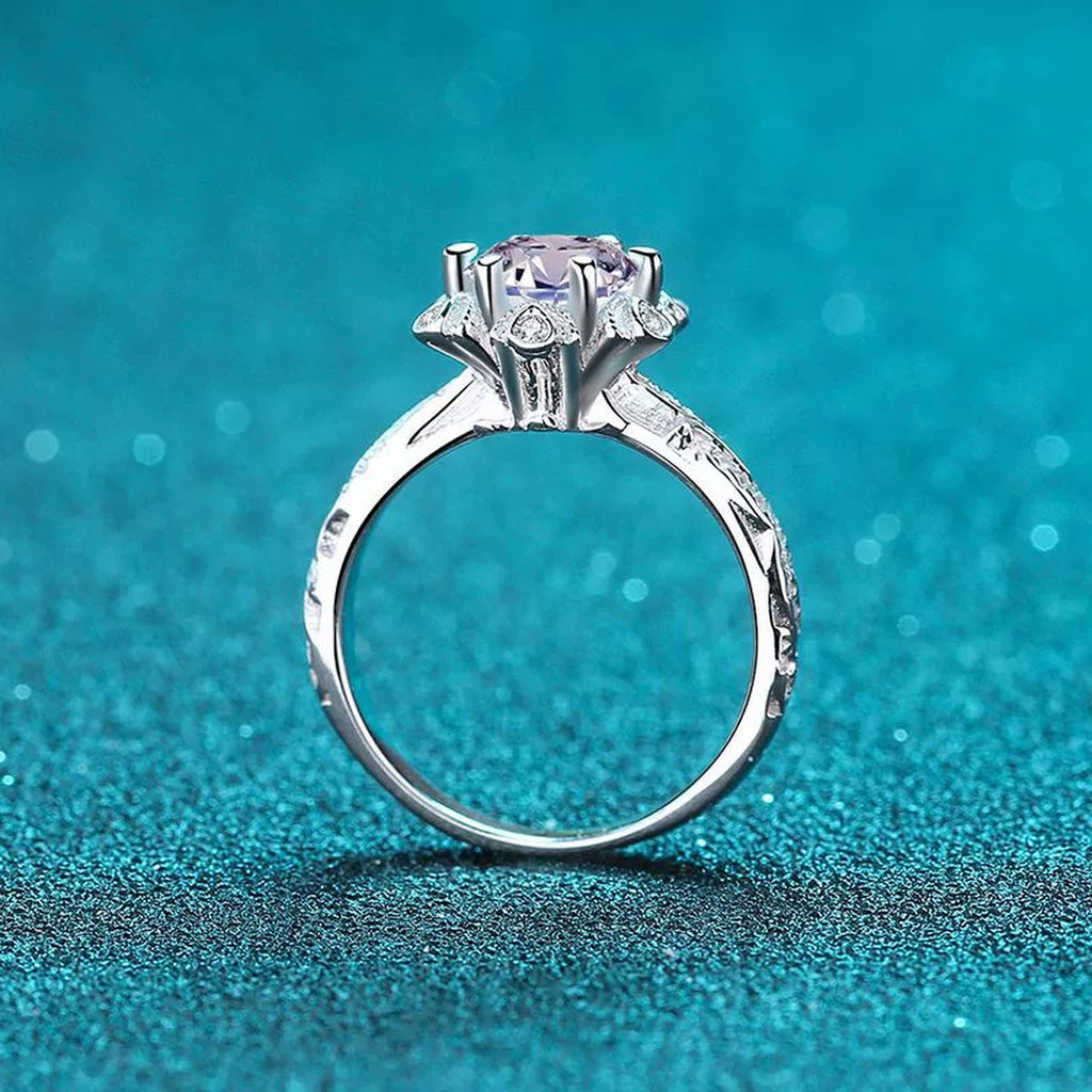 Round Floral Moissanite Engagement Ring with CZ product view showing moissanite setting and metal finish