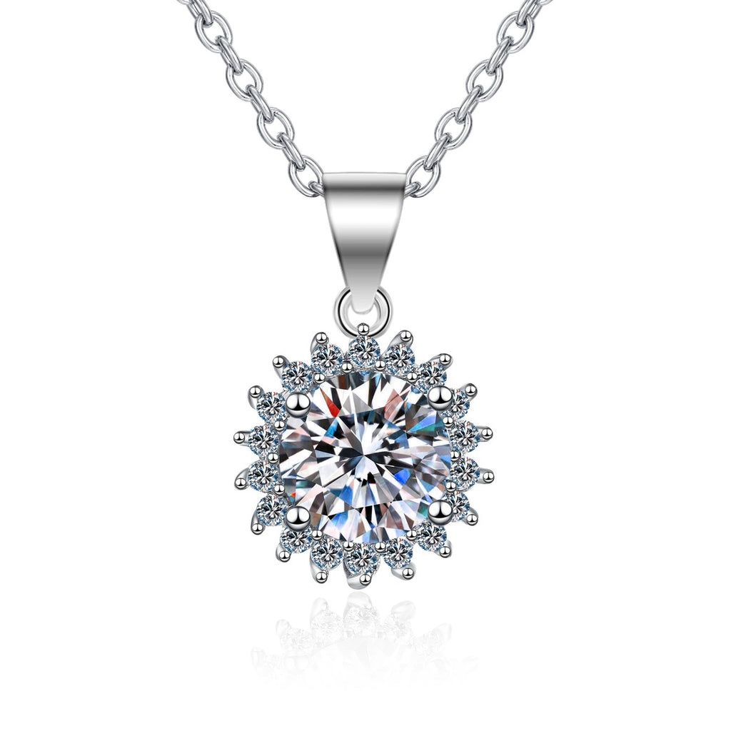 Sunburst Moissanite Pendant Necklace with CZ in Rhodium-Plated S925 sterling silver on white background showing pendant shape and round moissanite
