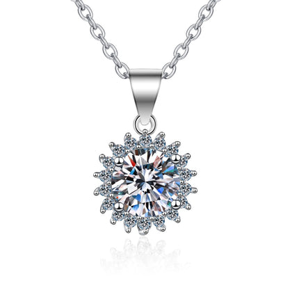 Sunburst Moissanite Pendant Necklace with CZ in Rhodium-Plated S925 sterling silver on white background showing pendant shape and round moissanite