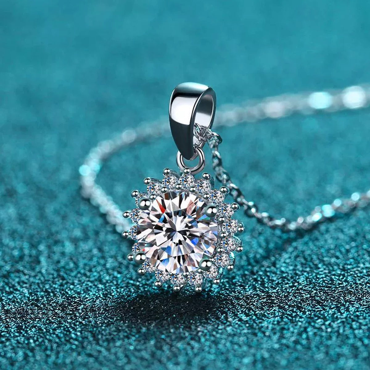 Sunburst Moissanite Pendant Necklace with CZ in Rhodium-Plated S925 sterling silver product scene view showing pendant detail