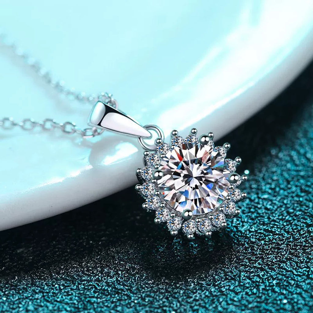 Sunburst Moissanite Pendant Necklace with CZ in Rhodium-Plated S925 sterling silver product scene view showing chain and setting detail