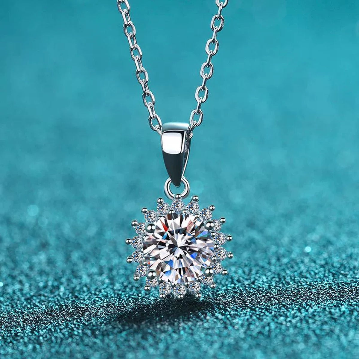 Sunburst Moissanite Pendant Necklace with CZ in Rhodium-Plated S925 sterling silver product scene view showing angled sparkle