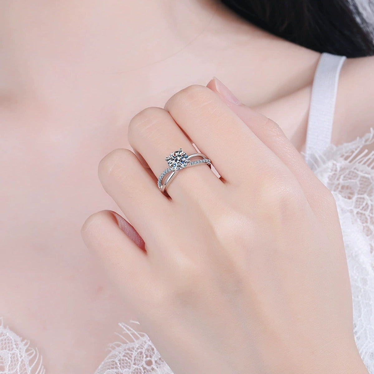 Round Moissanite Side Stone Ring with CZ in Rhodium-Plated S925 Sterling Silver worn on hand, showing scale, finger coverage, and rhodium-plated finish