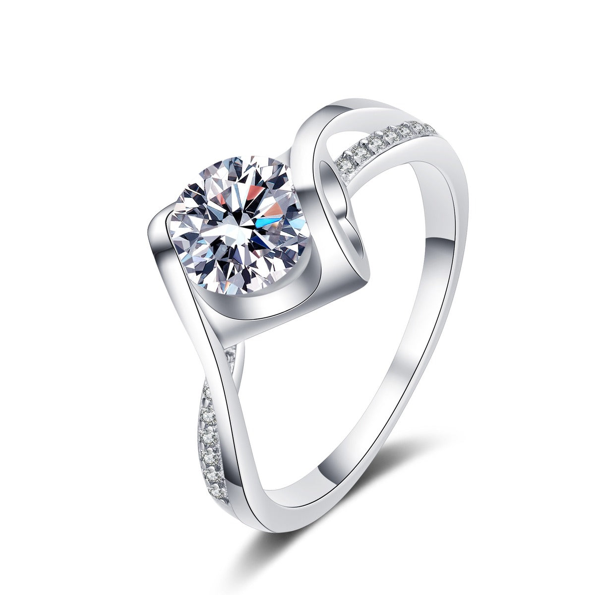 Round Moissanite Side Stone Ring with CZ in Rhodium-Plated S925 Sterling Silver clean white background product photo showing the ring silhouette and moissanite setting