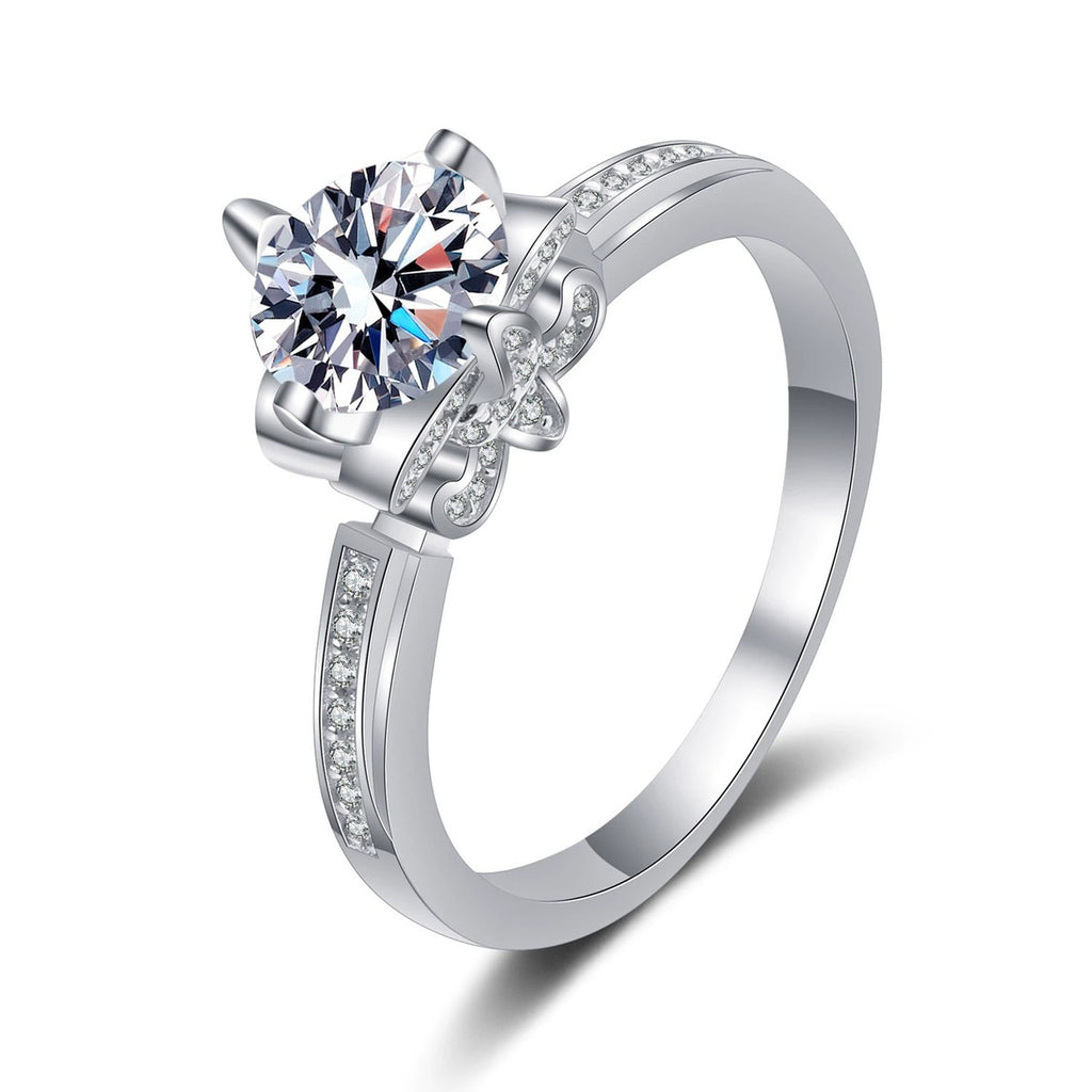 Round Moissanite Adjustable Side Stone Ring with CZ in rhodium-plated S925 sterling silver on clean white background