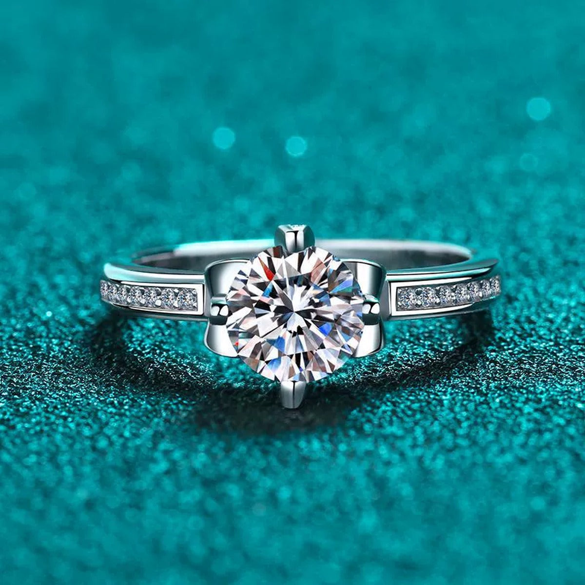 Round Moissanite Adjustable Side Stone Ring with CZ product view showing moissanite setting and metal finish