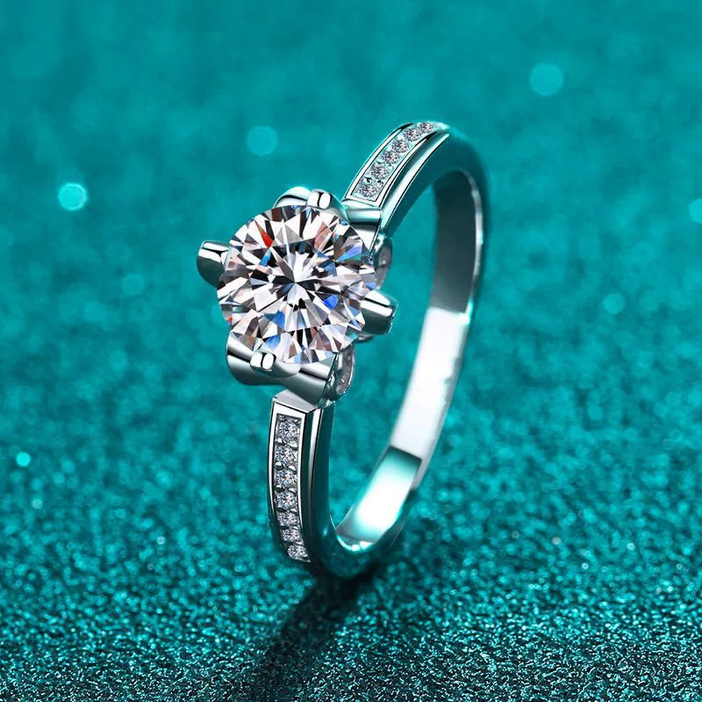 Round Moissanite Adjustable Side Stone Ring with CZ product view showing moissanite setting and metal finish