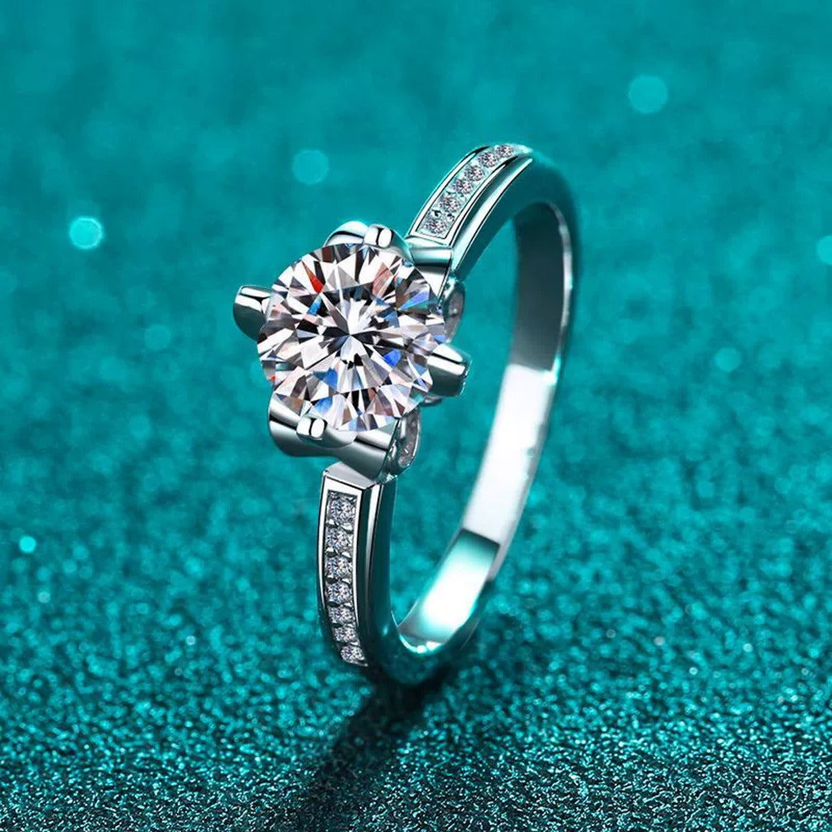 Round Moissanite Adjustable Side Stone Ring with CZ product view showing moissanite setting and metal finish