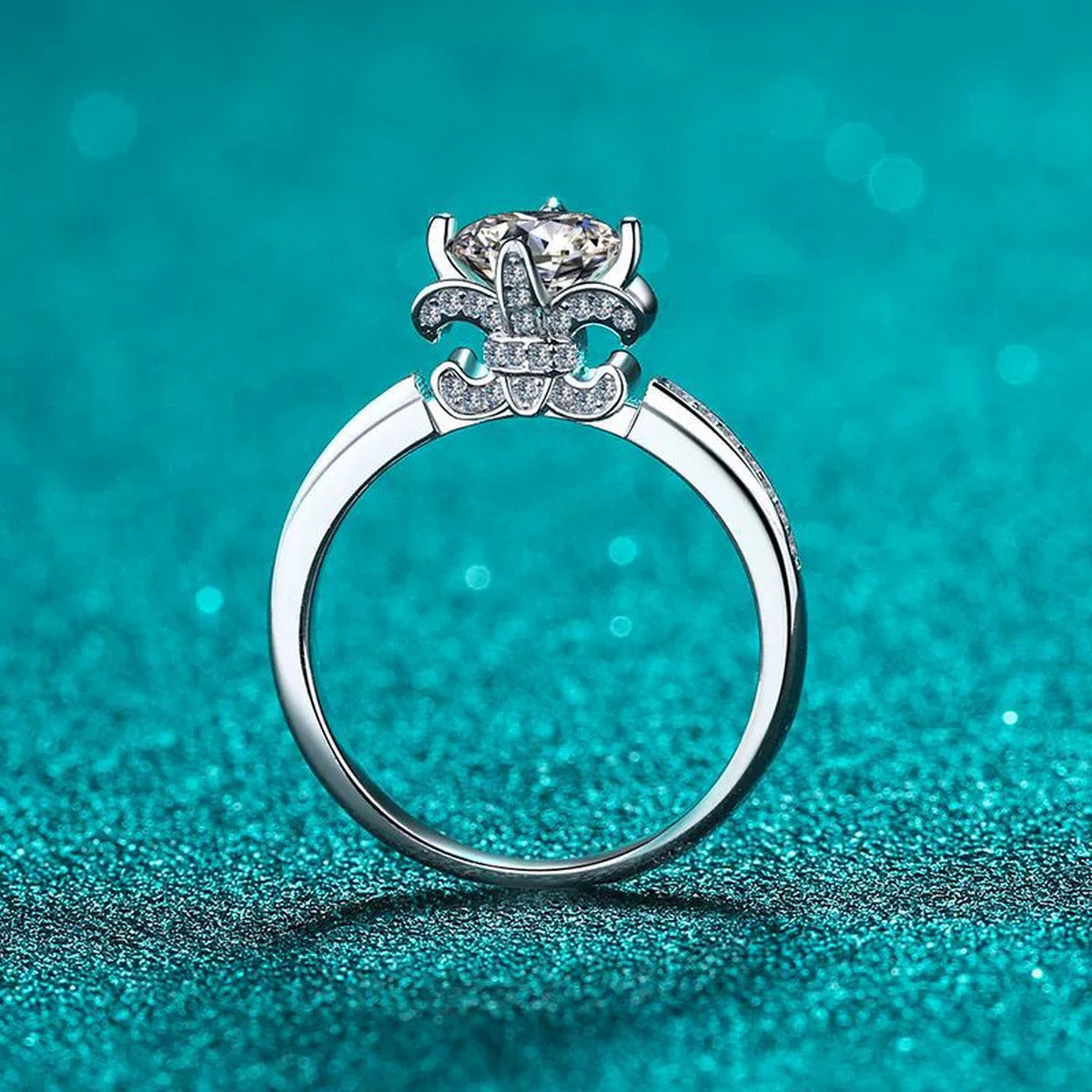Round Moissanite Adjustable Side Stone Ring with CZ product view showing moissanite setting and metal finish